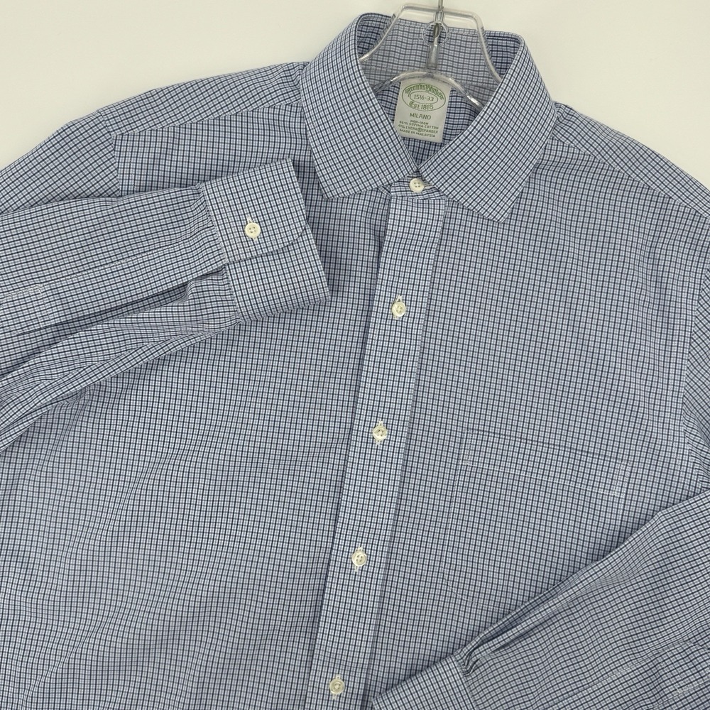 Brooks Brothers Milano Non-Iron Blue Check Dress Shirt Men's 15.5-33 Cotton